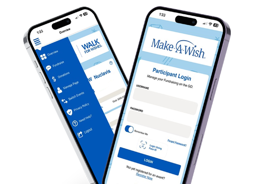 two cell phones with Make-A-Wish Fundraising Mobile app